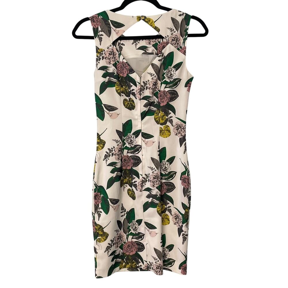 H&M Floral Sheath Cocktail Dress Beaded Detail Cutout Back Size 2 - Picture 3 of 7